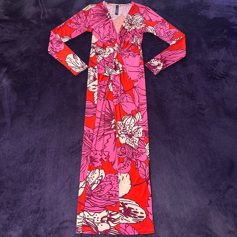 Pink & Red Floral Long Sleeve Twist Front Midi Dress | Size S | NWOT